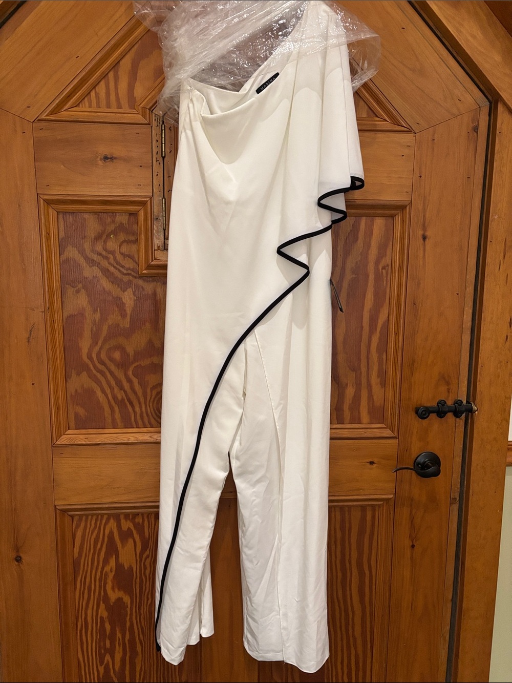 MARINA White One-Shoulder Jumpsuit with Black Trim